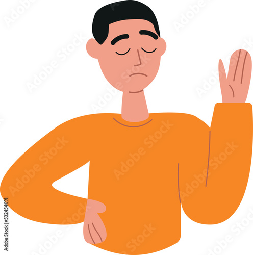 Skeptical person refusing with hand, palm gesture, saying no, stopping. Rejection and refusal, mute sign, dissatisfaction, denial man. Negative emotion, body language, nonverbal communication. Vector