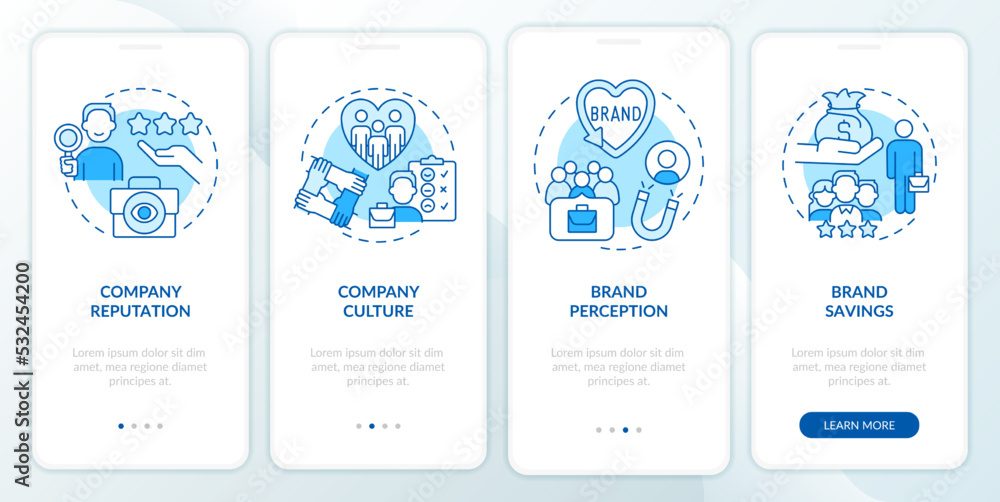 Employer brand benefits blue onboarding mobile app screen. HR system walkthrough 4 steps editable graphic instructions with linear concepts. UI, UX, GUI template. Myriad Pro-Bold, Regular fonts used
