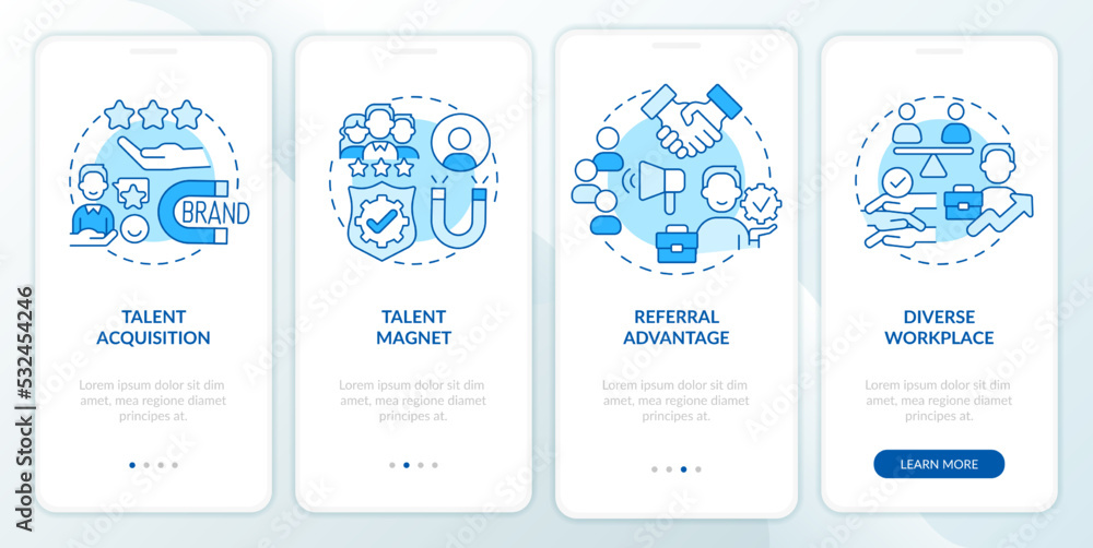 HR branding blue onboarding mobile app screen. Talent engagement walkthrough 4 steps editable graphic instructions with linear concepts. UI, UX, GUI template. Myriad Pro-Bold, Regular fonts used