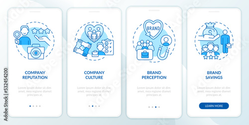Employer brand benefits blue onboarding mobile app screen. HR system walkthrough 4 steps editable graphic instructions with linear concepts. UI, UX, GUI template. Myriad Pro-Bold, Regular fonts used
