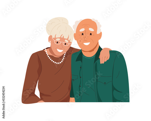 Happy grandparents portrait. Elderly man and woman hugging. Smiling senior couple in romantic relationship. Old people in love. Flat vector illustration isolated on white background