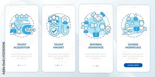 HR branding blue onboarding mobile app screen. Talent engagement walkthrough 4 steps editable graphic instructions with linear concepts. UI, UX, GUI template. Myriad Pro-Bold, Regular fonts used