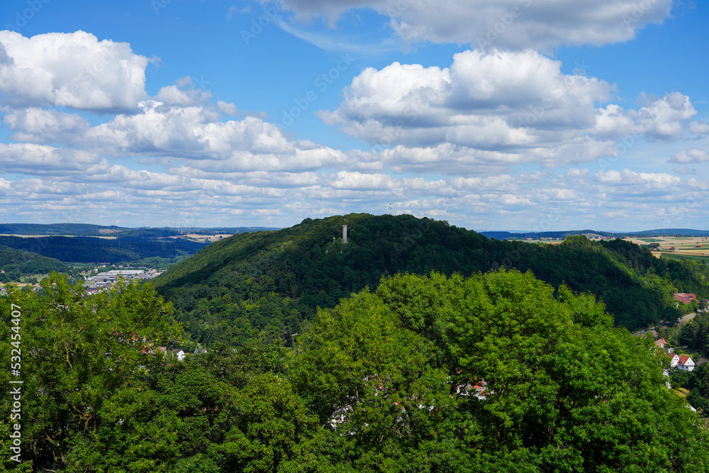 View from the Buttenturm on the Obermarsberg in Marsberg. Wide view of the landscape from the highest point.
