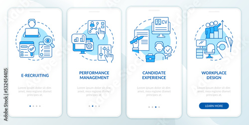 Recruiting methods blue onboarding mobile app screen. HR system walkthrough 4 steps editable graphic instructions with linear concepts. UI, UX, GUI template. Myriad Pro-Bold, Regular fonts used