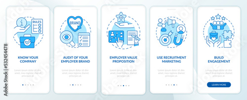 Create employer brand blue onboarding mobile app screen. HR program walkthrough 5 steps editable graphic instructions with linear concepts. UI, UX, GUI template. Myriad Pro-Bold, Regular fonts used