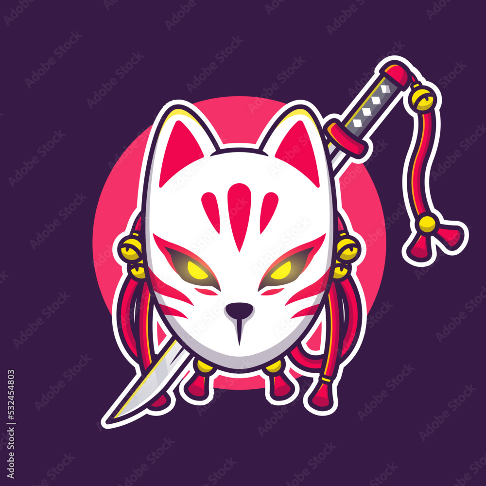 Cute Kitsune With Sword Cartoon Vector Icon Illustration. Art Object