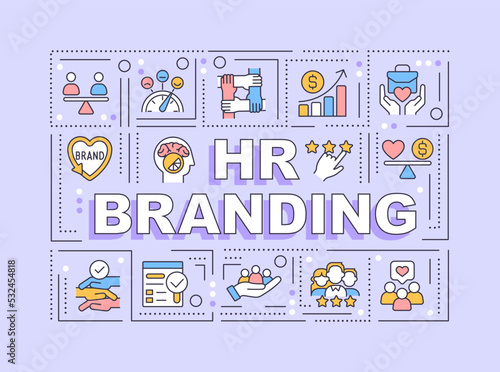 HR branding word concepts violet banner. Employee recruitment. Infographics with editable icons on color background. Isolated typography. Vector illustration with text. Arial-Black font used