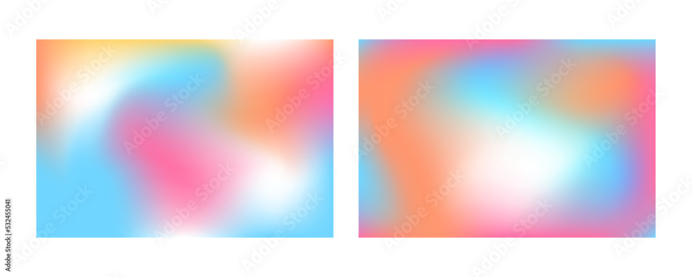 Vector mesh gradient y2k backgrounds set. Abstract fluid aesthetic illustrations. Soft colors pink, blue, yellow, orange. Trendy design with copy space for text. Vibrant blurred template