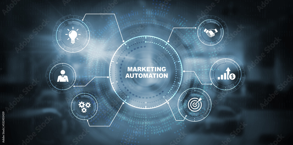 Planning marketing strategy. Marketing automation of business and industrial process. 3d illustration Planning marketing strategy. Marketing automation of business and industrial process. 3d illustration