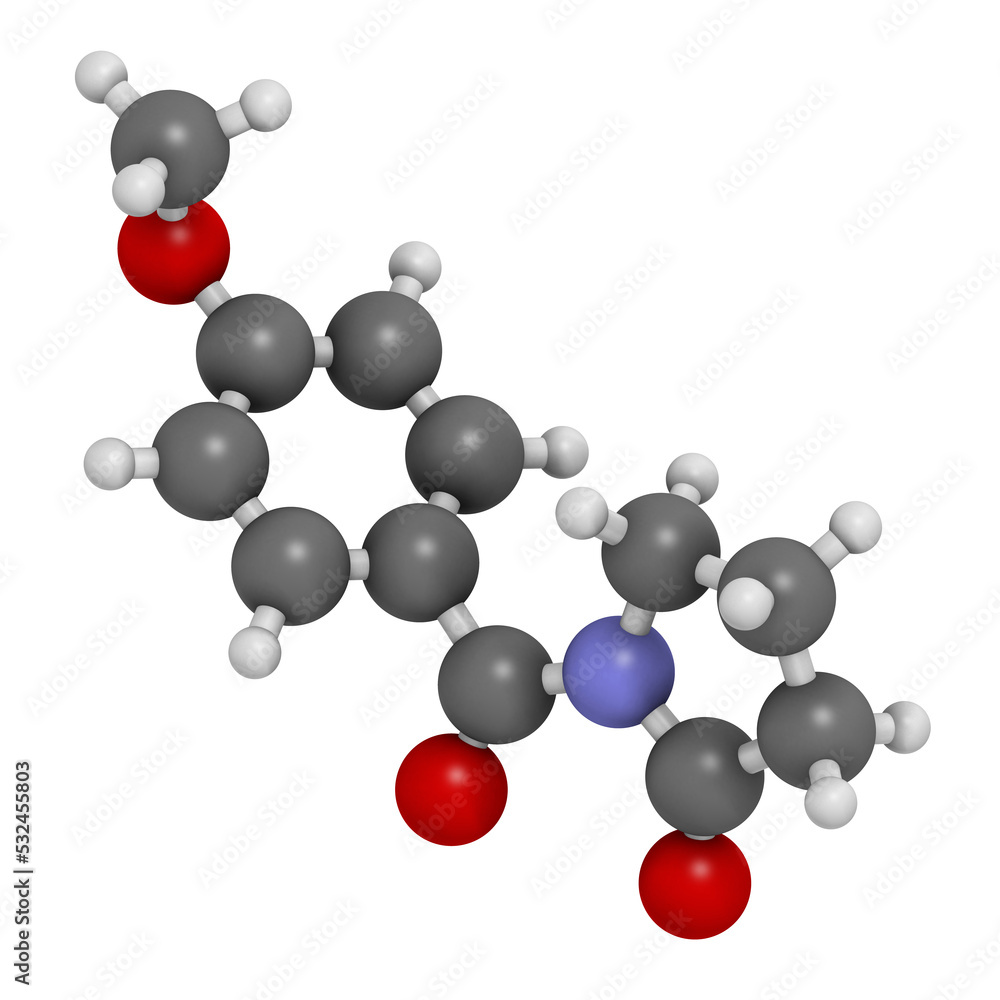 Aniracetam nootropic drug molecule, 3D rendering. Aniracetam nootropic drug molecule, 3D rendering.