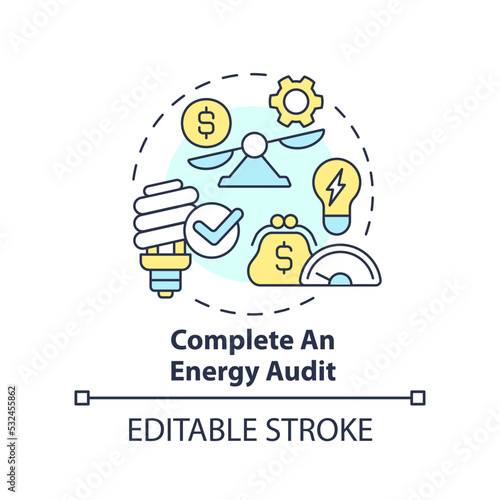 Complete energy audit concept icon. Reduce electricity usage. Budgeting for inflation abstract idea thin line illustration. Isolated outline drawing. Editable stroke. Arial, Myriad Pro-Bold fonts used