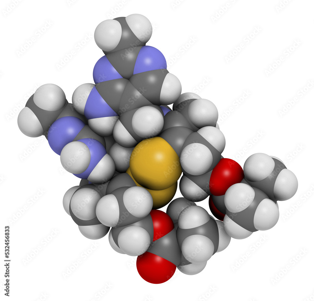 Sulbutiamine asthenia drug molecule. Also used in nutritional supplements, 3D rendering. Sulbutiamine asthenia drug molecule. Also used in nutritional supplements, 3D rendering.