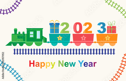 Happy New Year 2023 train with gifts vector photo