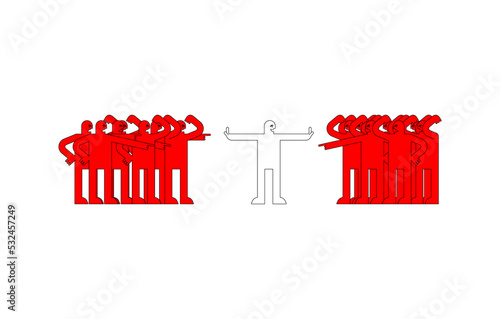Peacemaker Stop quarrel. Man reconciles angry people. people swear
