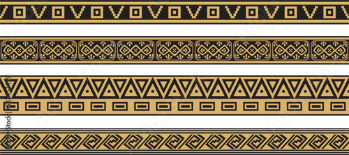 Vector set of gold and black native american ornamental seamless borders. Framework of the peoples of America, Aztecs, Maya, Incas..