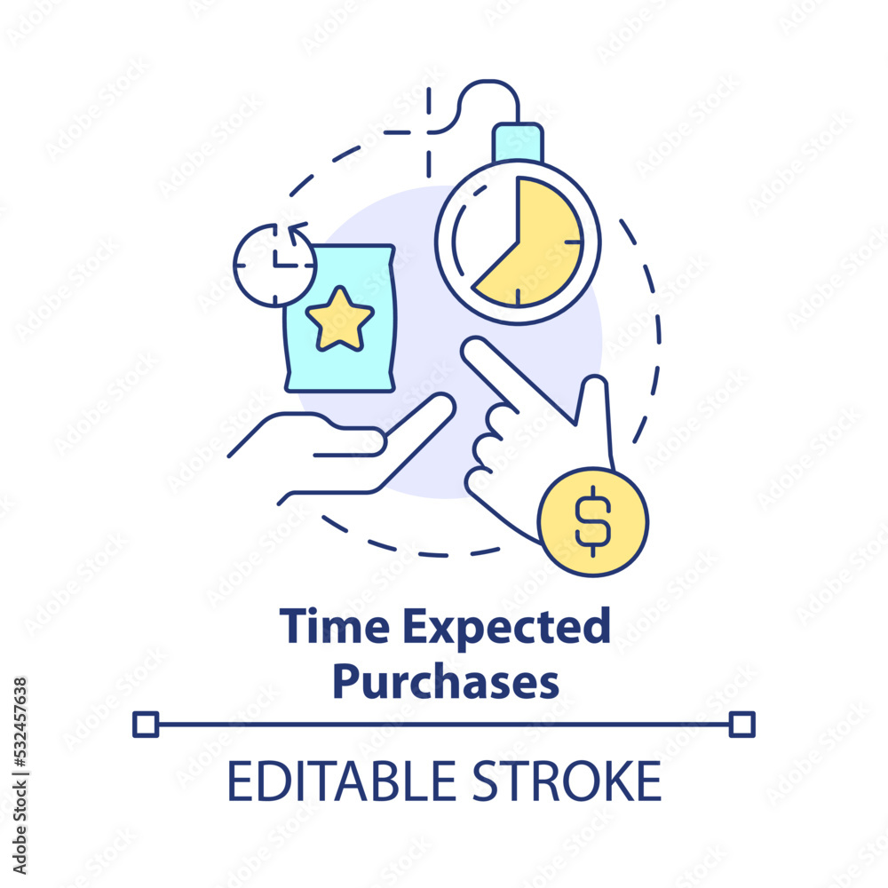 Time expected purchases concept icon. How can consumers deal with inflation abstract idea thin line illustration. Isolated outline drawing. Editable stroke. Arial, Myriad Pro-Bold fonts used Time expected purchases concept icon. How can consumers deal with inflation abstract idea thin line illustration. Isolated outline drawing. Editable stroke. Arial, Myriad Pro-Bold fonts used