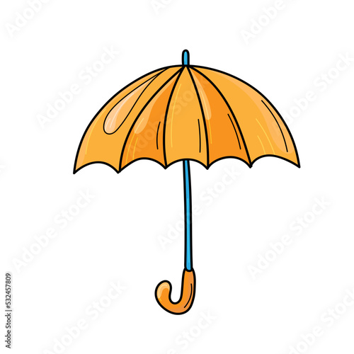 Cute orange umbrella. Vector illustration of an open umbrella. Autumn umbrella in cartoon style. Vector object. White isolated background.