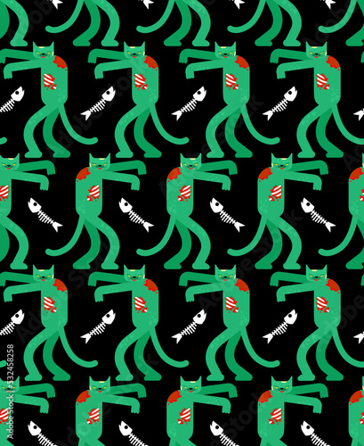 Zombie cat pattern seamless. Zombi pet background. Vector texture