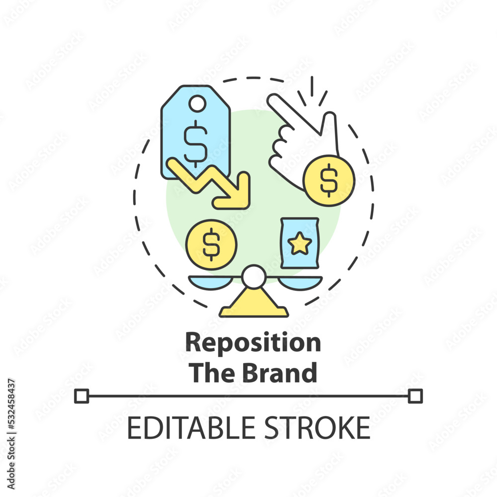 Reposition brand concept icon. Price deduction. Dealing with inflation in business abstract idea thin line illustration. Isolated outline drawing. Editable stroke. Arial, Myriad Pro-Bold fonts used