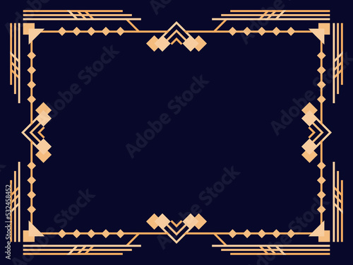 Art deco frame. Vintage linear border. Design a template for invitations, leaflets and greeting cards. Geometric golden frame. The style of the 1920s - 1930s. Vector illustration