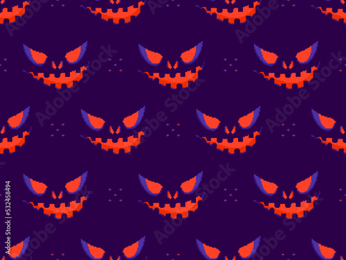 Halloween scary face with glowing eyes in pixel style. Seamless pattern with scary faces carved on a pumpkin in 8-bit 80-90s video game style. Design for applications and banners. Vector illustration