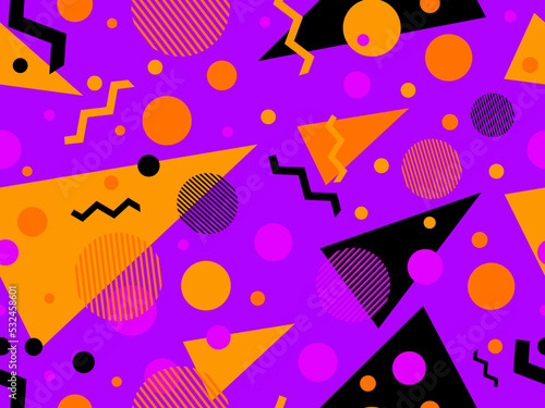 Memphis seamless pattern with geometric shapes in 80s style. Halloween color palette orange and purple. Design for promotional products, wrapping paper, brochures and printing. Vector illustration