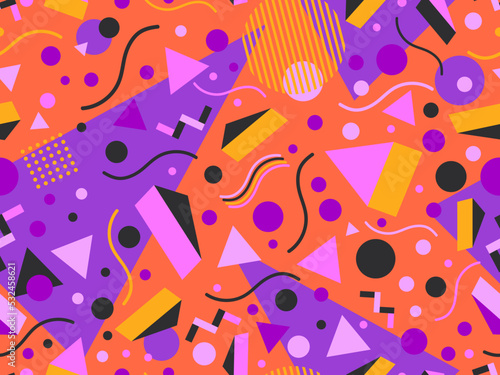 Memphis seamless pattern with geometric shapes in 80s style. Halloween color palette orange and purple. Design for promotional products, wrapping paper, brochures and printing. Vector illustration