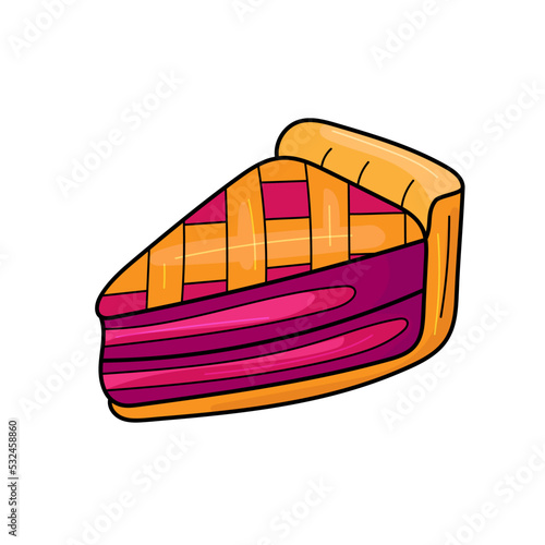 Cute cartoon pie. Cherry or bleuberry pie drawing. Cartoon image of traditional American baked dessert. Isolated vector illustration. Piece of pie photo