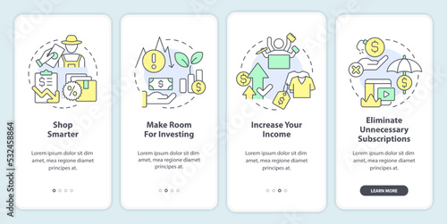 Budget planning for inflation onboarding mobile app screen. Walkthrough 4 steps editable graphic instructions with linear concepts. UI, UX, GUI template. Myriad Pro-Bold, Regular fonts used