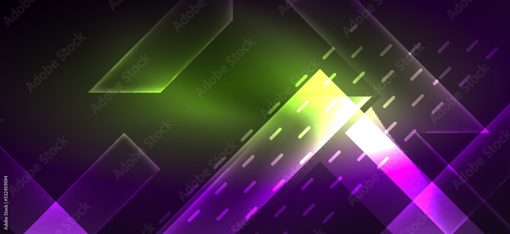 Background wallpaper neon glowing lines and geometric shapes. Dark wallpaper for concept of AI technology, blockchain, communication, 5G, science, business and technology Background wallpaper neon glowing lines and geometric shapes. Dark wallpaper for concept of AI technology, blockchain, communication, 5G, science, business and technology