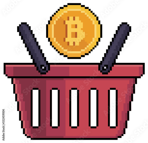 Pixel art shopping baskets with bitcoin vector icon for 8bit game on white background