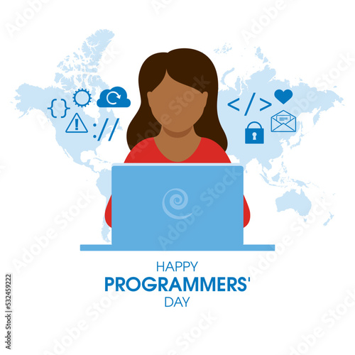 Happy Programmers' Day vector. Female programmer using laptop icon vector. Programming symbols blue silhouette icon isolated on a white background. Software design element. Important day