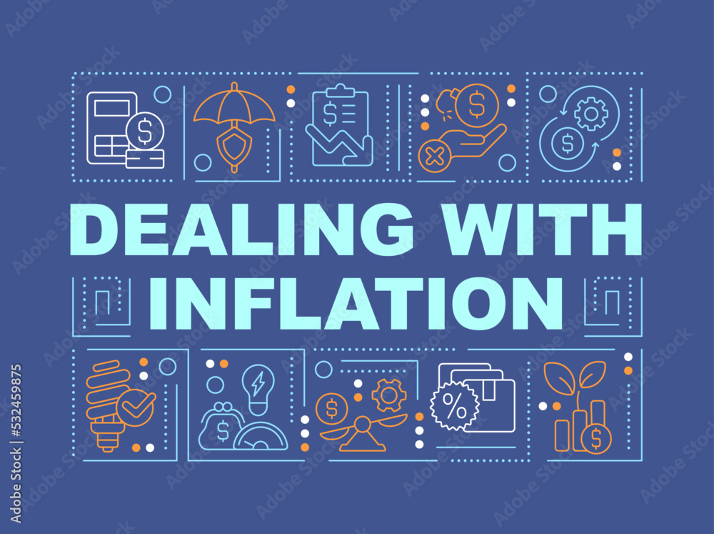 Dealing with inflation word concepts dark blue banner. Infographics with editable icons on color background. Isolated typography. Vector illustration with text. Arial-Black font used
