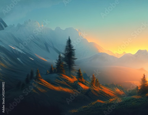 mountain valley in pre-sunset time. illustration