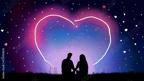 Two lovers sit on the grass and admire the starry sky. illustration
