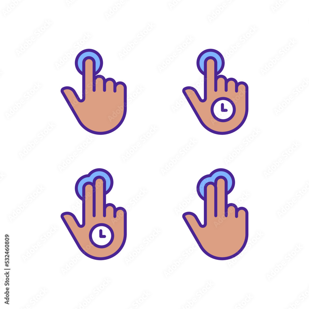 Long press pixel perfect RGB color icons set. Double finger touch. Multi touch. Touchscreen control gestures. Isolated vector illustrations. Simple filled line drawings collection. Editable stroke Long press pixel perfect RGB color icons set. Double finger touch. Multi touch. Touchscreen control gestures. Isolated vector illustrations. Simple filled line drawings collection. Editable stroke