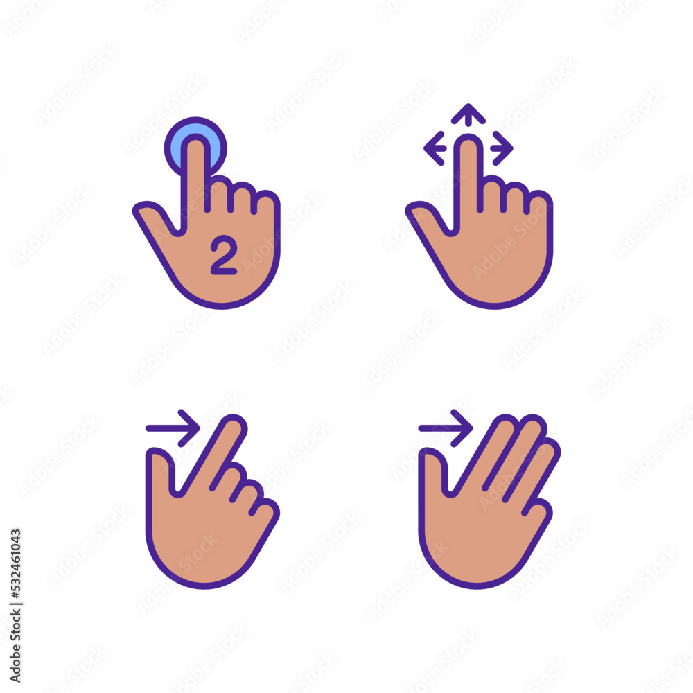 Fototapeta premium Draw and swipe gestures pixel perfect RGB color icons set. Smartphone. Touchscreen interaction. Digital device. Isolated vector illustrations. Simple filled line drawings collection. Editable stroke