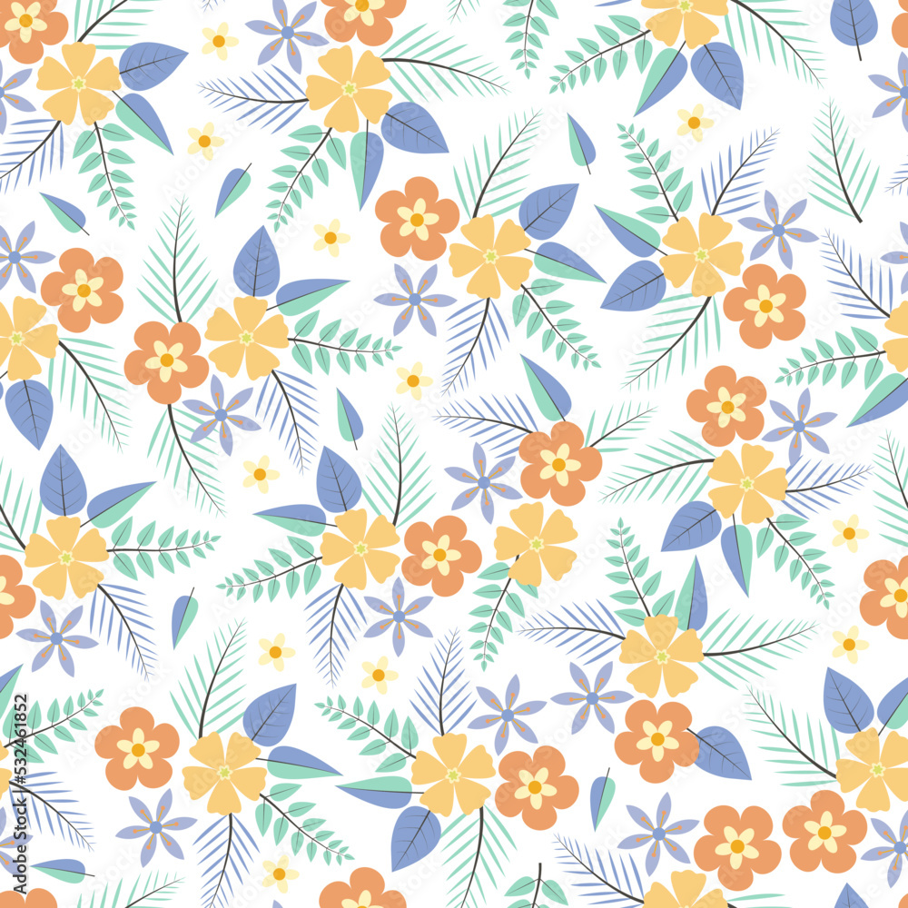 Decorative trendy vector seamless floral ditsy pattern design. Stylish repeating blooming flowers and foliage background for printing and textile