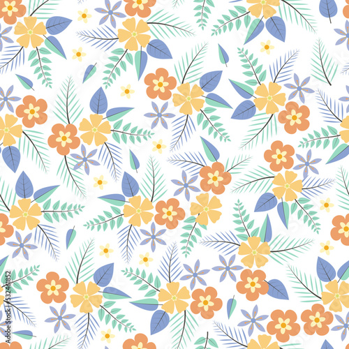 Decorative trendy vector seamless floral ditsy pattern design. Stylish repeating blooming flowers and foliage background for printing and textile