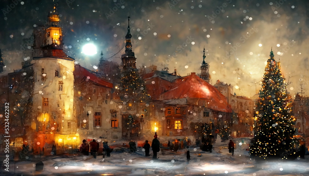  Christmas tree on medieval city stree  lamp evening blurred light  snow flakes fall,old houses pedestrian walk in snowy  old town market place  Tallinn old town festive background travel to Estonia