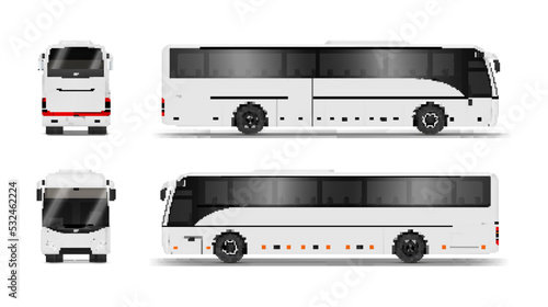 White scheduled bus front back side view set realistic vector illustration public transport