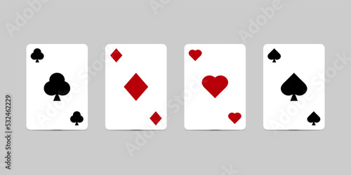 Playing cards icon set, Clubs, Diamonds, Hearts, Spades cards in flat style design with shadow effect isolated on grey background. Vector illustration.