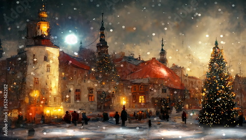  Christmas tree on medieval city stree lamp evening blurred light snow flakes fall,old houses pedestrian walk in snowy old town market place Tallinn old town festive background travel to Estonia