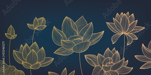 Vector art deco luxury flower, lotus line pattern, golden background. Hand drawn peonies for packaging, social media post, cover, banner, creative post and wall arts.