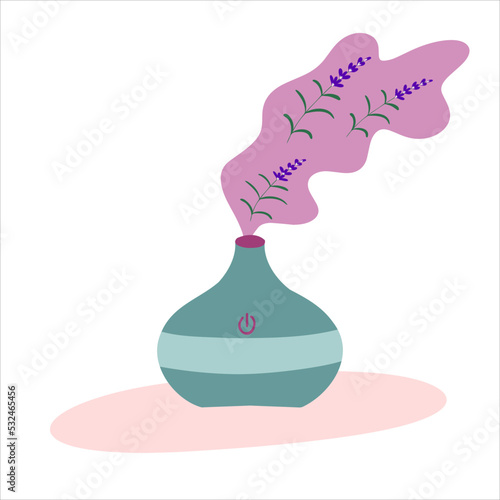 Electronic aroma diffuser with the fumes of lavender essential oil. Aromatherapy for our home. Flat vector illustration. Hand drawn style.