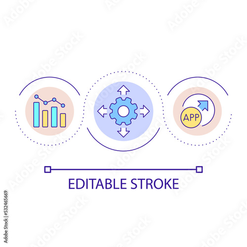 Digital technology integration loop concept icon. Analysing application usage in industry abstract idea thin line illustration. Isolated outline drawing. Editable stroke. Arial font used