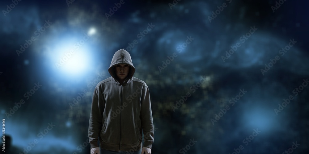 Silhouette of man in hoody on space and stars background Silhouette of man in hoody on space and stars background
