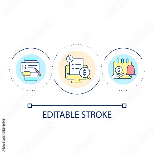 Configure notifications for payment schedules loop concept icon. Financial agenda app abstract idea thin line illustration. Isolated outline drawing. Editable stroke. Arial font used