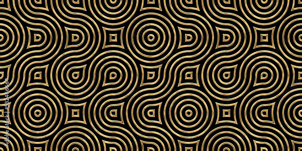 Seamless golden Art Deco wavy stripes and circles pattern. Vintage abstract geometric gold plated relief sculpture on dark black background. Modern elegant metallic luxury backdrop. 3D rendering.. Seamless golden Art Deco wavy stripes and circles pattern. Vintage abstract geometric gold plated relief sculpture on dark black background. Modern elegant metallic luxury backdrop. 3D rendering..