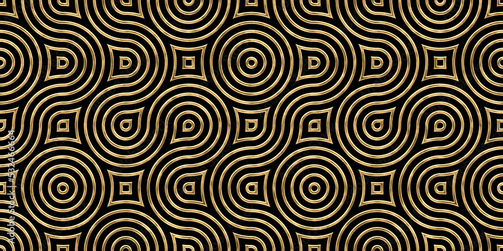 Seamless golden Art Deco wavy stripes and circles pattern. Vintage abstract geometric gold plated relief sculpture on dark black background. Modern elegant metallic luxury backdrop. 3D rendering..